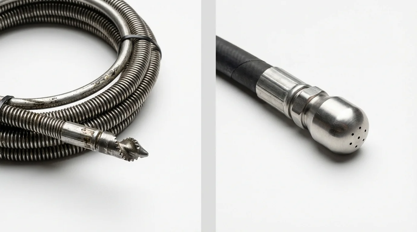 Drain snake cable and hydro jetting nozzle used for drain cleaning in Evanston, IL
