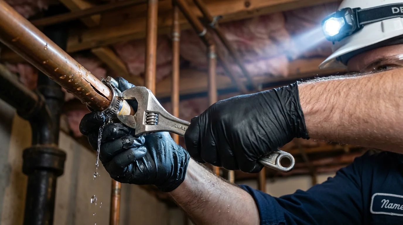 Emergency pipe clamp repair being performed by a Johns Plumbing LLC plumber in Evanston