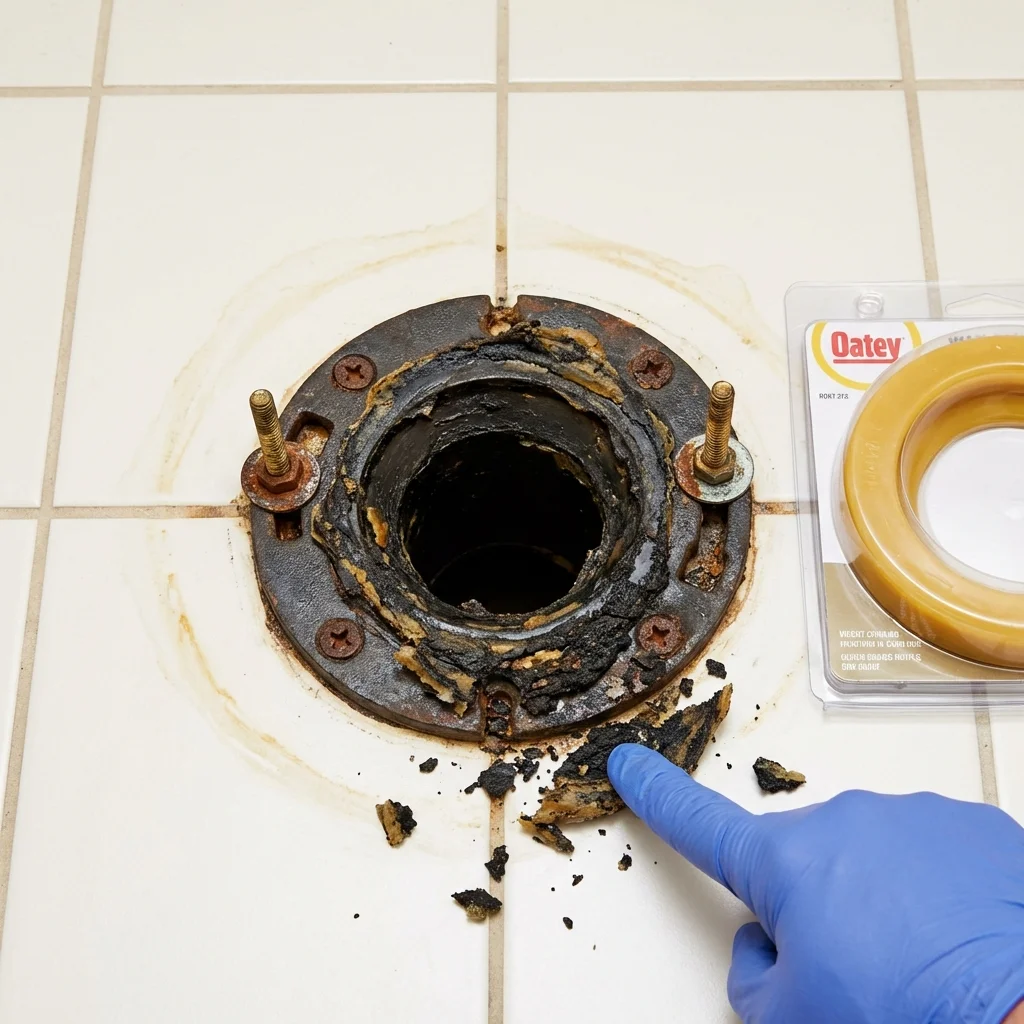 Failed wax ring showing water seepage at the base of a toilet in a Evanston, IL home