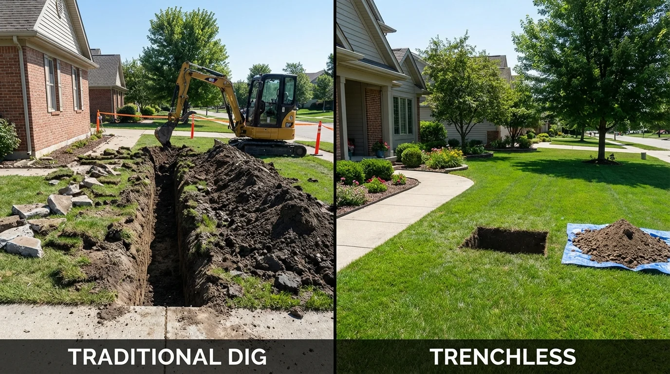 Trenchless sewer repair with minimal yard damage versus traditional excavation in Evanston, IL