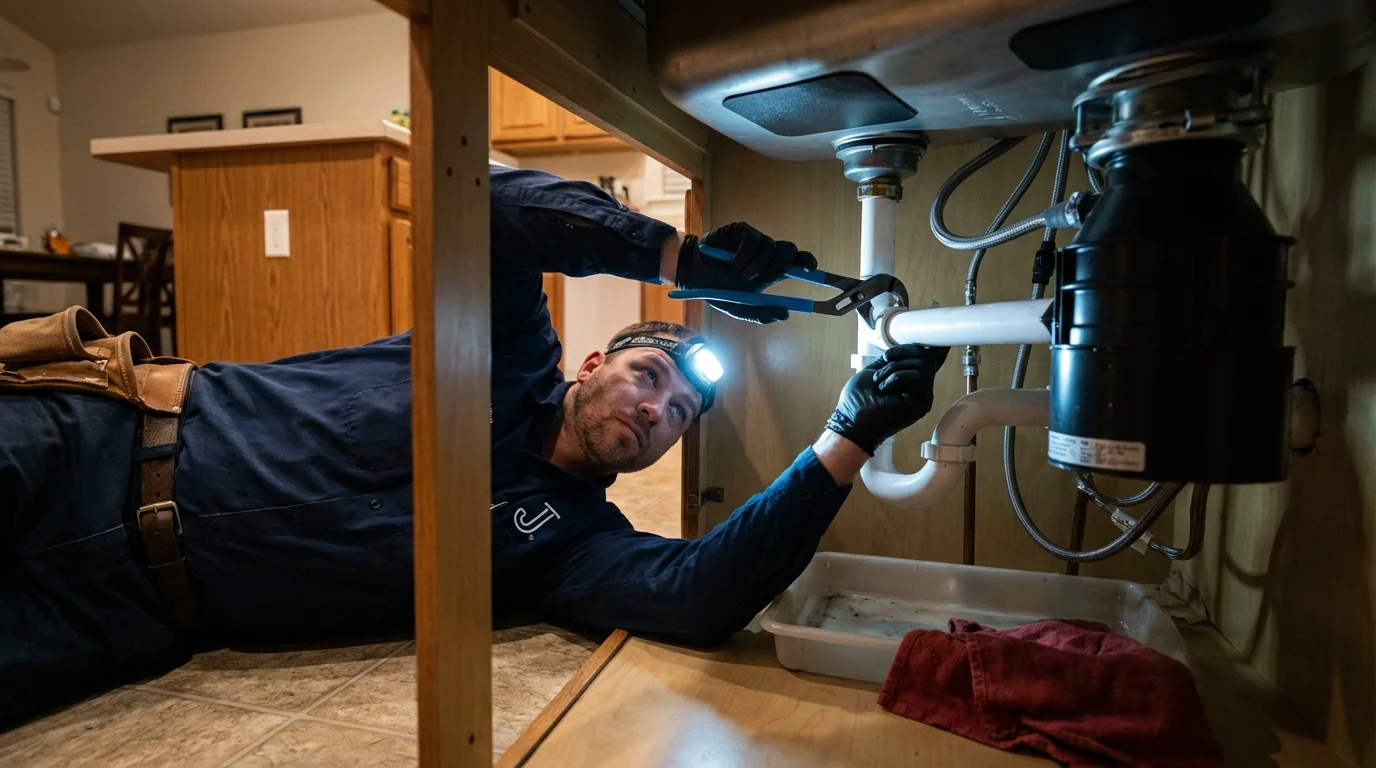 P-trap and supply line connections under a kitchen sink showing a common leak point in Evanston, IL